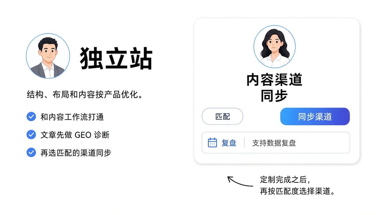 独立站与内容渠道界面：按产品优化结构，定制后再按匹配度同步，并支持数据复盘