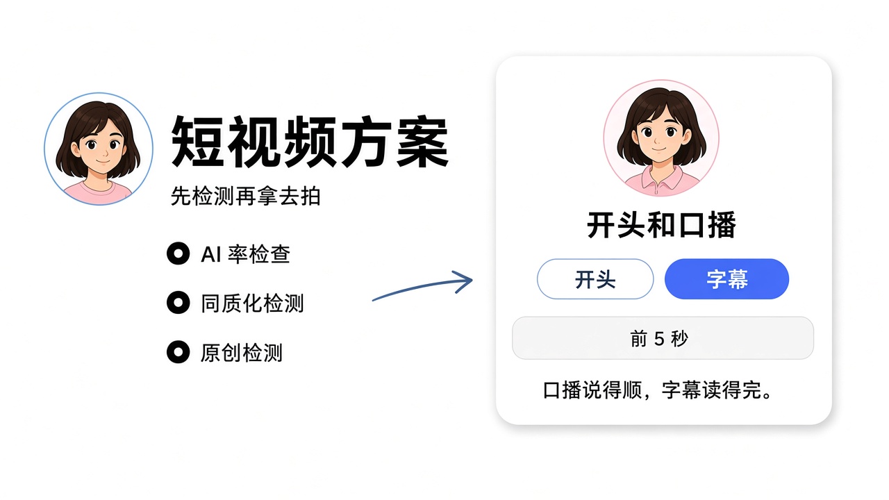 短视频方案界面：先检测再拿去拍，检查 AI 率、同质化和原创