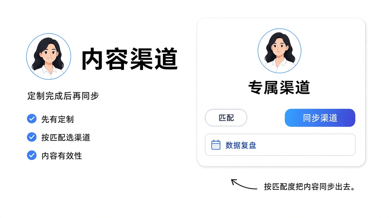 内容渠道界面：定制完成后再同步，按匹配度选择专属渠道