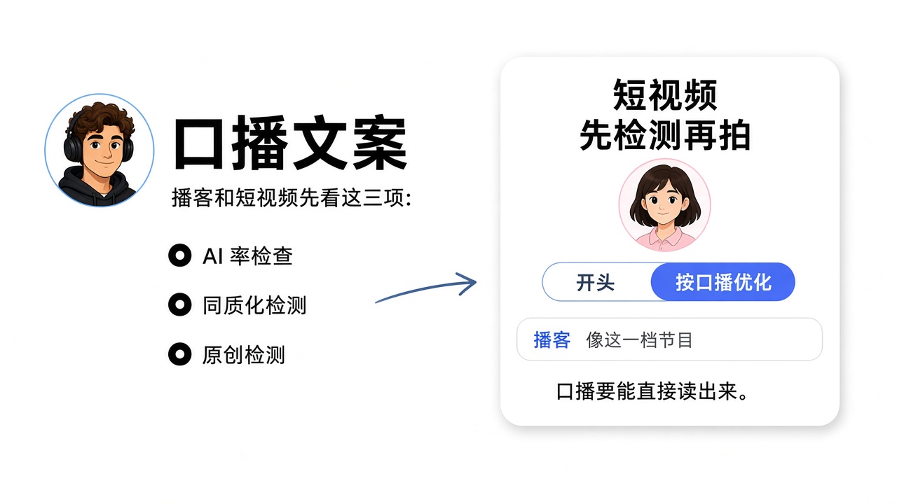 口播文案界面：播客和短视频先看 AI 率、同质化和原创，短视频先检测再拍